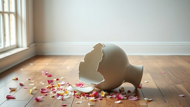sedition. A shattered ceramic vase on a wooden floor with scattered flower petals in an empty room. wellbeing guides.