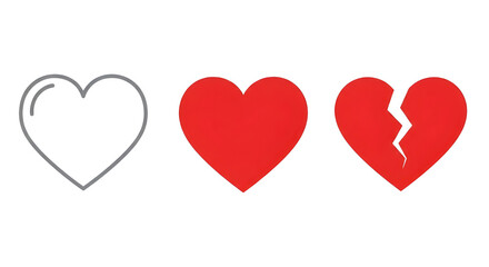 Three heart icons showing outline, solid red, and broken heart stages