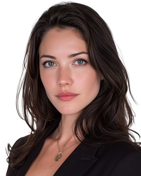 Professional studio headshot of a beautiful young woman with blue eyes and dark hair on a white background.