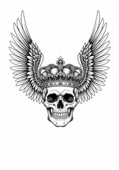 王冠を被る頭蓋骨、モノクロの神秘的なイラスト