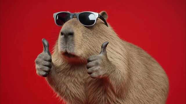 Funny cool capybara giving two thumbs up gesture while wearing stylish sunglasses isolated on a bright red background success concept 4k