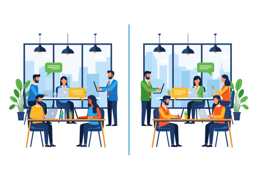 A split-screen flat illustration showcasing modern office teams