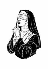 白い背景の修道女、指を唇に当て静寂を促す