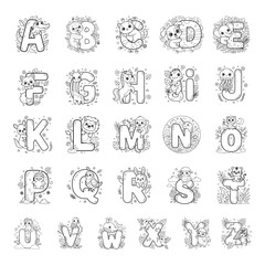 Fototapeta premium Alphabet Animals Coloring Pages A to Z Cute Animal Line Art for Kids Educational Coloring Book