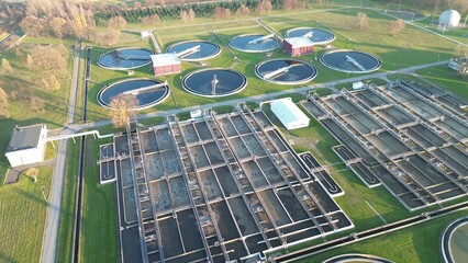 Fototapeta premium Circular filtration tanks at water treatment plant
