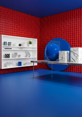 青と赤の空間、幾何学的な静物構成