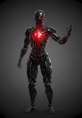 メタリックな人型ロボット、赤色ライトが印象的