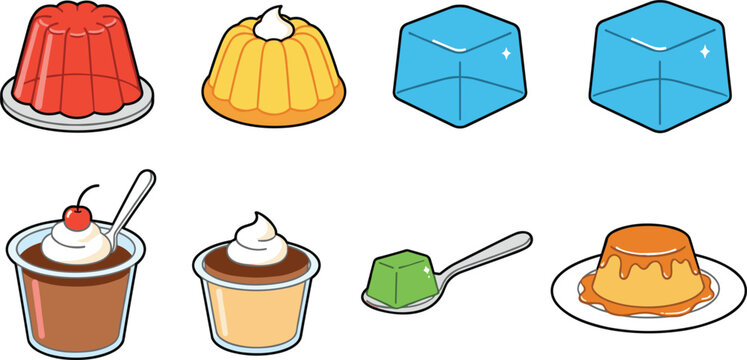 Jelly and Pudding Desserts Set Isolated on White Background Flat Vector Illustration