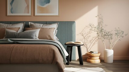 Warm and inviting modern minimalist bedroom interior with natural light and elegant decor