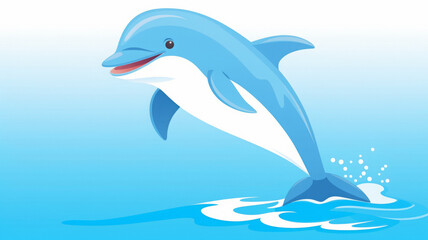 Obraz premium Cheerful 2D cartoon dolphin jumping joyfully out of bright blue splashing ocean water