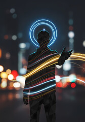 夜の街に立つ人影、光の軌跡が幻想的