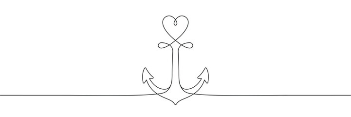 Continuous one line drawing of nautical anchor with heart symbol for love and hope. Single line drawing. Editable stroke. Doodle hand drawn vector illustration © SomDraw
