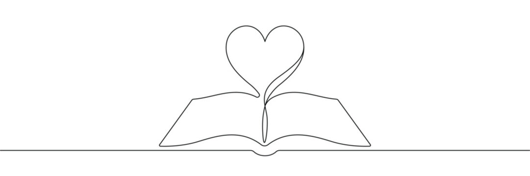 Continuous one line drawing of open book with heart shape for love of reading. Single line drawing. Editable stroke. Doodle hand drawn vector illustration