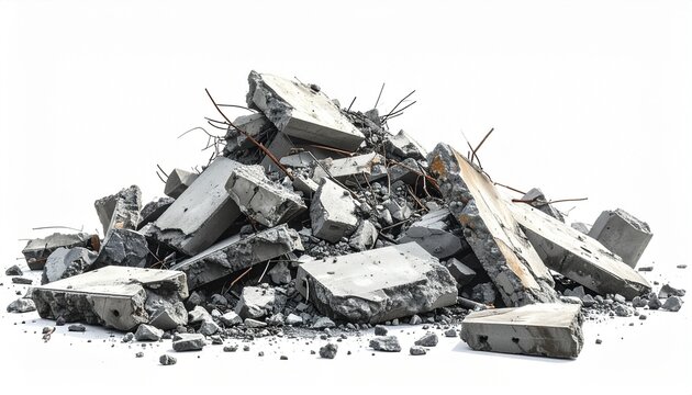 A pile of broken concrete rubble and debris from a demolished structure, exposed rebar and shattered slabs, isolated on a white background, industrial destruction concept, raw texture, high-detail rea