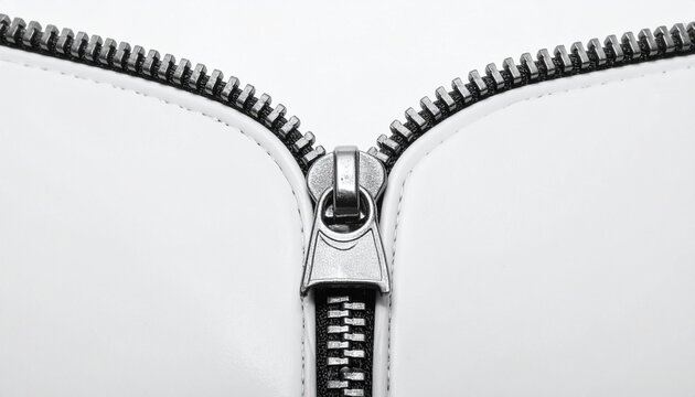 A close-up of a metal zipper partially opened on a clean white background, sharp focus on interlocking teeth and slider, minimalist macro composition, industrial texture, modern product detail, high-d
