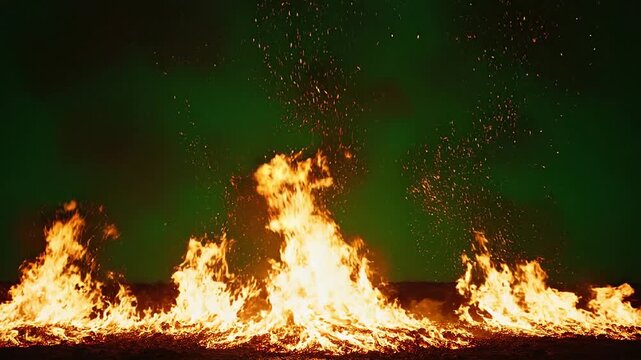 Cinematic wall of fire burning on green screen background with orange flames rising upward while sparks and smoke fly into air creating dynamic visual effects clip