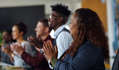 Fototapeta premium Creative team, applause and people in workplace, excited and celebration for proposal. Meeting, men and women in office, clapping and cheering for achievement, smile and positive feedback for pitch