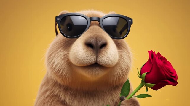 Funny cool capybara holding one red rose and smiling while wearing stylish sunglasses isolated on a yellow background love concept 4k