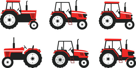Set of red agricultural tractor illustrations showing different farming vehicles side views for agriculture industry, farm equipment design, rural machinery vector collection © Shafik Creatives