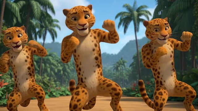 Three cartoon leopards dancing in a jungle setting, joyful animation