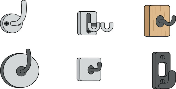 Wall Mounted Hooks Collection Isolated on White Background Flat Vector Illustration