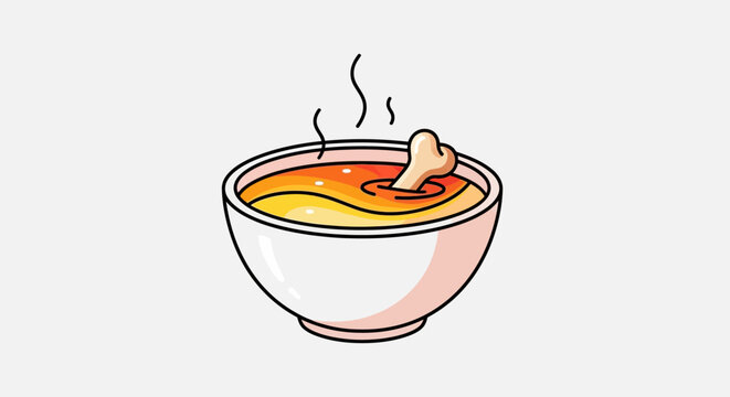 A cartoon illustration of a steaming hot bowl of delicious homemade soup with a large bone