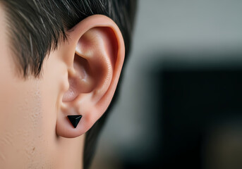 耳に三角形の黒いピアス、ミニマルな印象