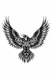 Fototapeta premium カラスの白黒イラスト、装飾的な羽根の広がり