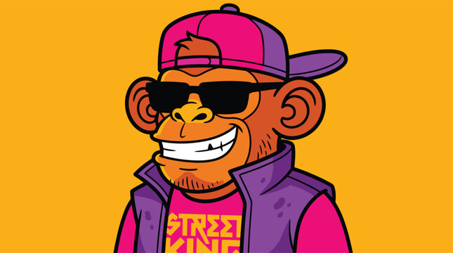 Cool cartoon monkey character wearing sunglasses baseball cap and street king shirt bold pop art style