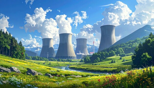 A nuclear power plant with large cooling towers rising above green fields, white steam drifting into a blue sky, bright daylight, clean industrial landscape, energy production concept, realistic envir