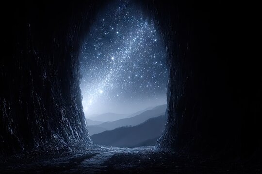 Dark cave opening to starry night sky over mountains