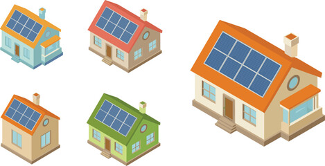 solar, houses, renewable, energy, isometric, vector, illustration, eco, home, panels, green, electricity, sustainable, technology, residential, architecture, modern, clean, power, collection
