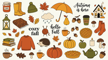 Cozy autumn seasonal collection featuring pumpkins leaves sweater coffee and fall decorations