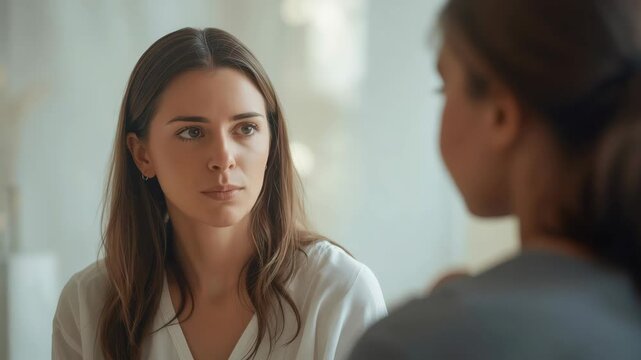 Young woman listening intently candid indoor portrait conversation, smiling while talking with
