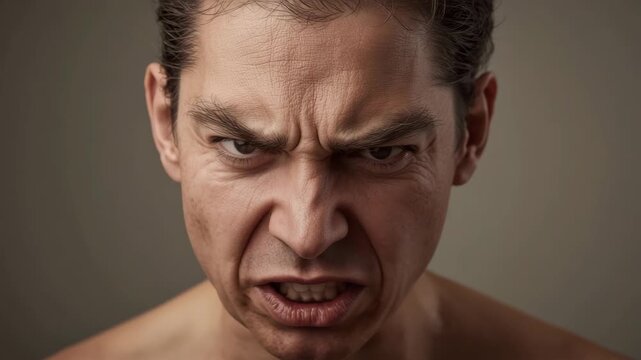 Angry man portrait closeup frown grimace emotion tense expression clenched jaw furrowed brow