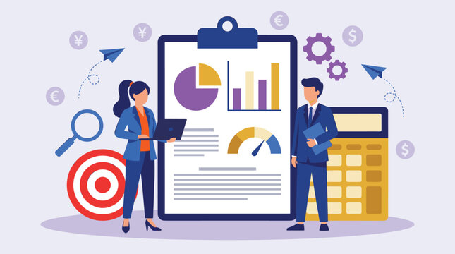 Business professionals analyzing financial data reports with charts calculator and currency symbols