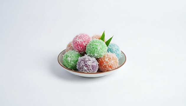 Colorful dessert balls in a bowl with leaves on a white surface, overhead view