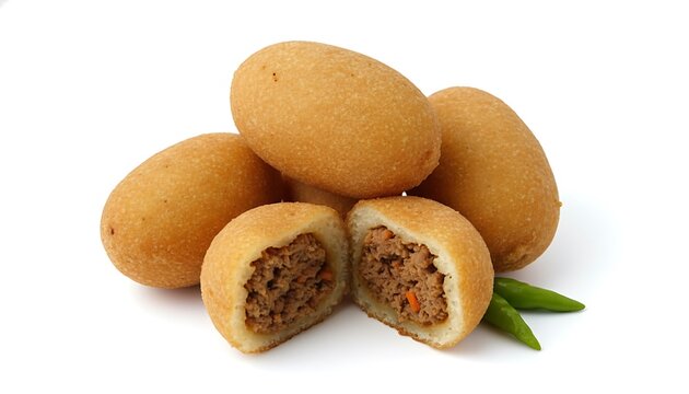 Close-up of combro pastries with savory filling, cut in half, stacked on a plain white surface