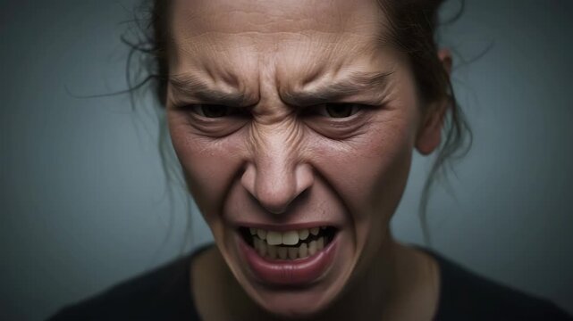Angry woman portrait closeup face with furrowed brow grimace teeth showing intense emotion