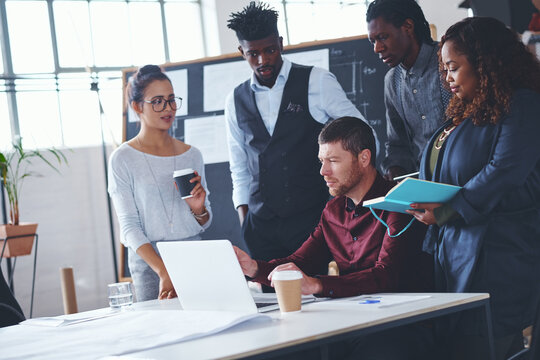 Planning, laptop or people with meeting in creative agency, copywriting project or brainstorming. Promotion idea, mailing list discussion or team with pc for ads proposal, email marketing or campaign