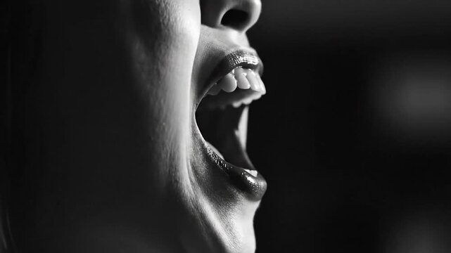 A person screaming loudly with mouth wide open, captured in a close-up black and white photograph from a side viewpoint
