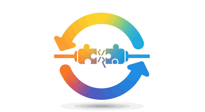 Continuous system connection failure illustration with broken puzzle piece plugs in a colorful cycle