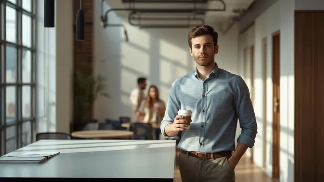 Young man holding coffee cup modern office lounge while smiling as coworkers converse coworking