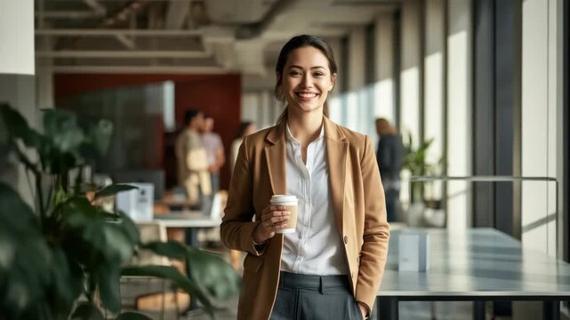 Young professional woman smiling with coffee modern office lounge coworking space with large