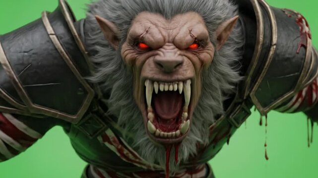 Furious Werewolf Monster Roaring with Red Eyes, Green Screen Background, Scary Creature