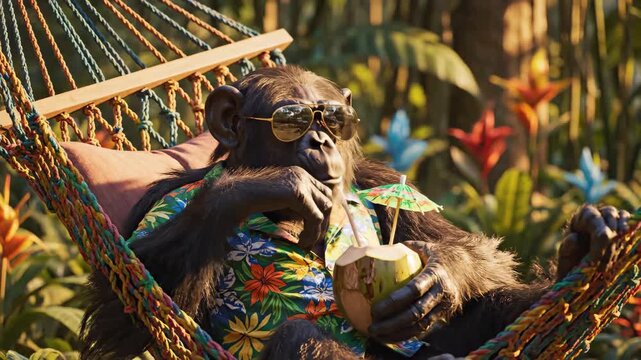 Relaxed chimpanzee enjoying refreshing coconut drink in tropical jungle hammock