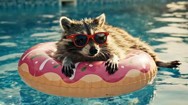 Relaxed raccoon floating on pink donut pool float with sunglasses in sunny pool adventure