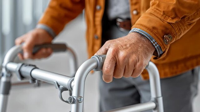 Healthcare for Seniors and Aging Tech concept ,Close up elderly man hand gripping walker for mobility support aged stability care