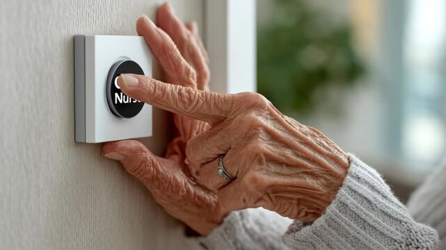 Healthcare for Seniors and Aging Tech concept ,Elderly hand pressing call nurse button wall for healthcare assistance with