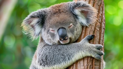 Fototapeta premium Close-up of a sleeping koala hugging a tree trunk in a lush green environment during daytime with soft natural light